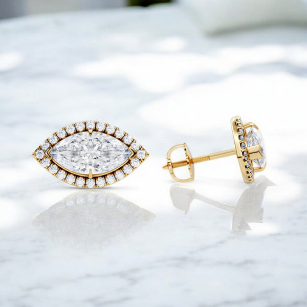 Marquise Cut Lab Grown Diamond Halo Stud Earrings • 14K Yellow Gold