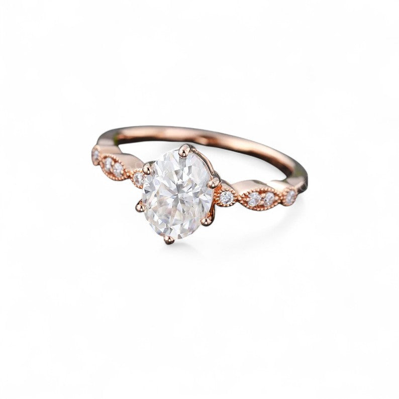 1.330ct Oval Moissanite Engagement Ring • Vintage Milgrain Bridal Ring