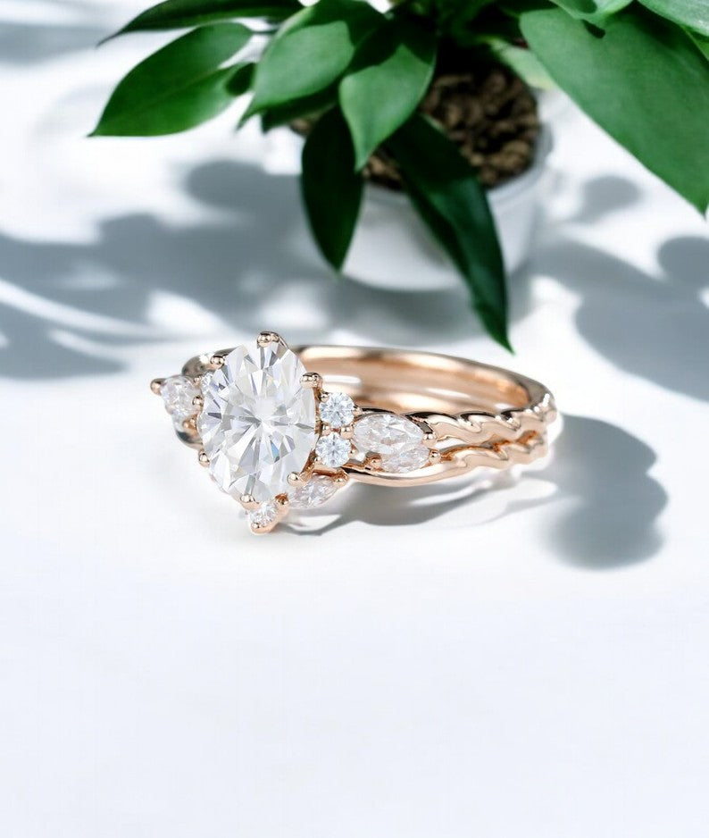 1.250ct Oval Moissanite engagement ring set 14k Rose gold vintage ring set