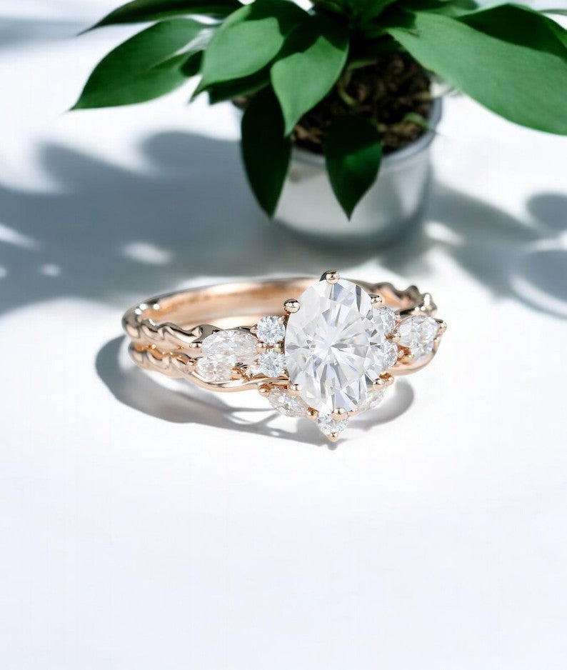 1.250ct Oval Moissanite engagement ring set 14k Rose gold vintage ring set