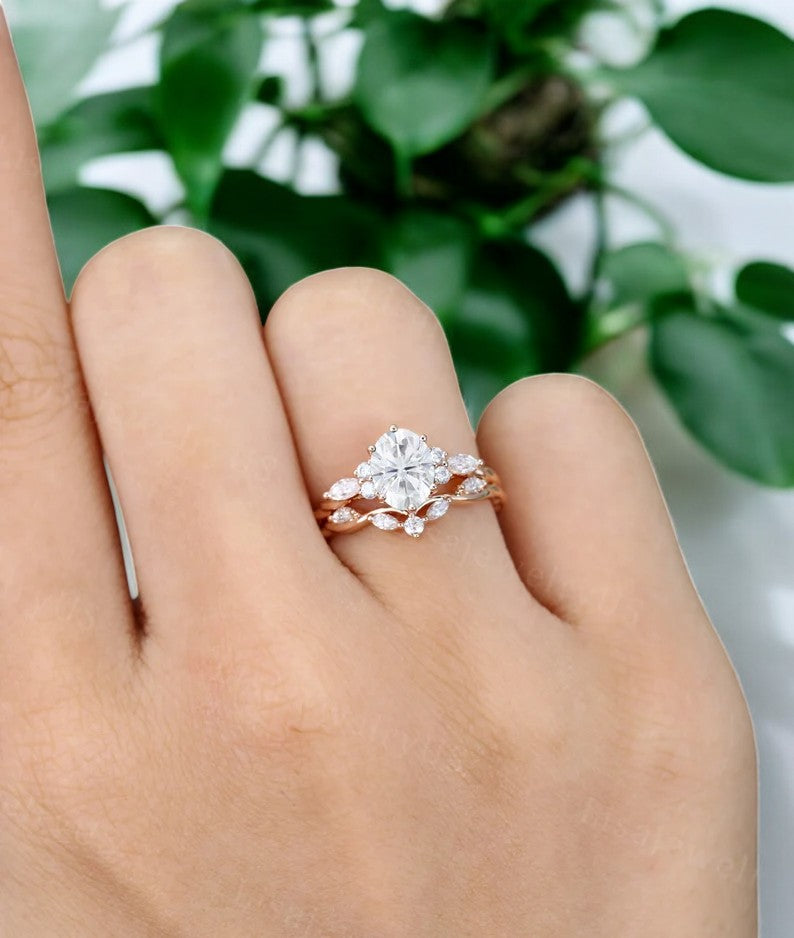 1.250ct Oval Moissanite engagement ring set 14k Rose gold vintage ring set