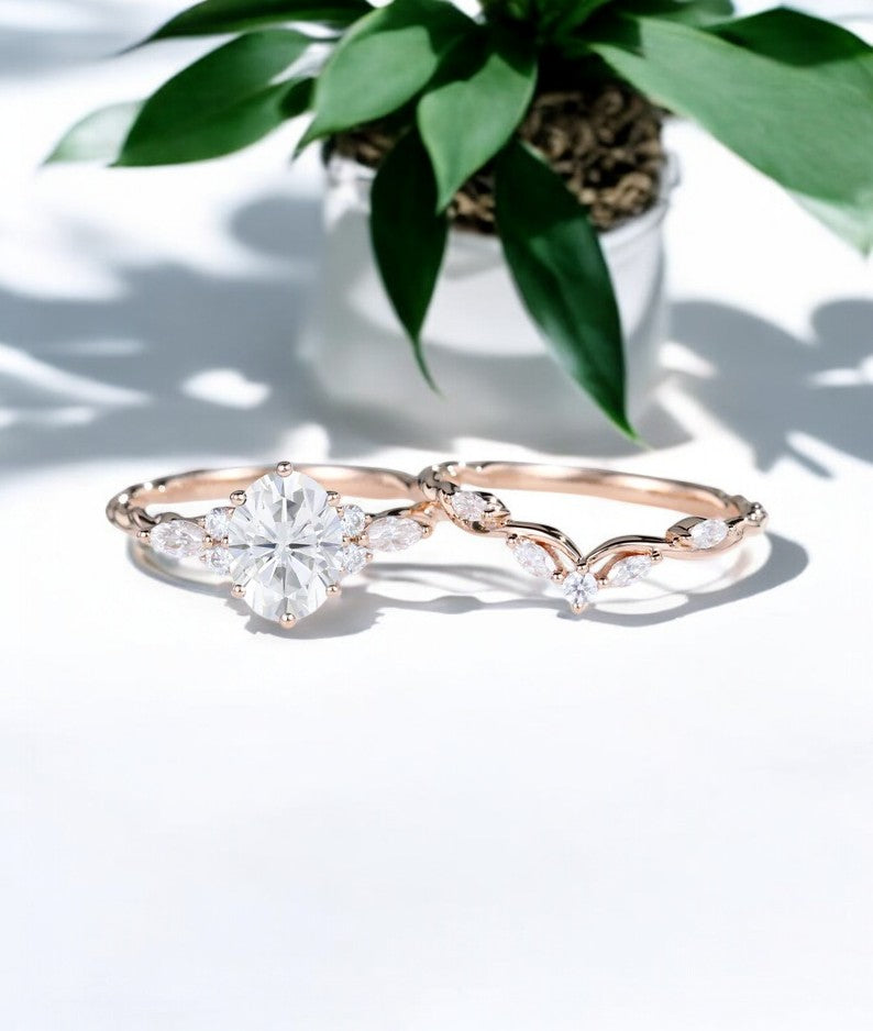 1.250ct Oval Moissanite engagement ring set 14k Rose gold vintage ring set