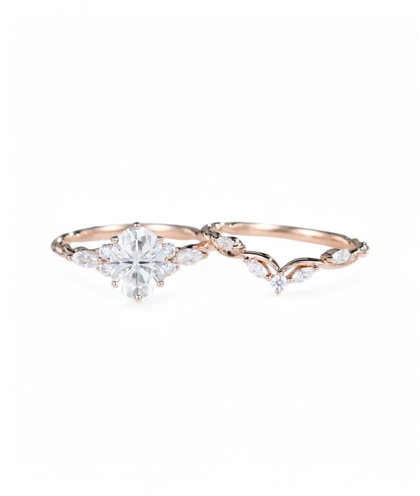 1.250ct Oval Moissanite engagement ring set 14k Rose gold vintage ring set