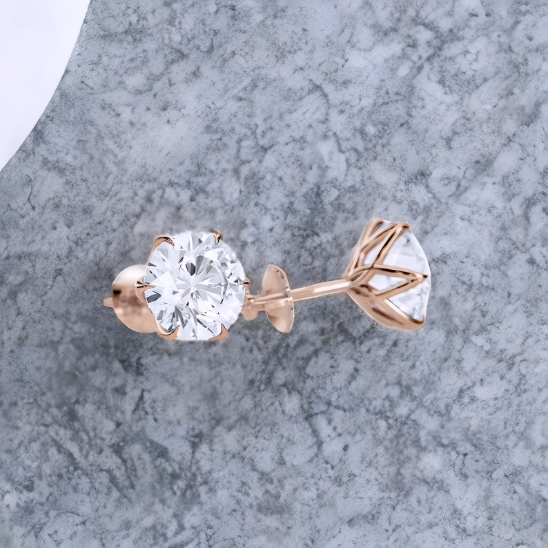 3 Carat Lab Grown Diamond Lotus Stud Earrings • 14K Rose Gold Floral Earrings
