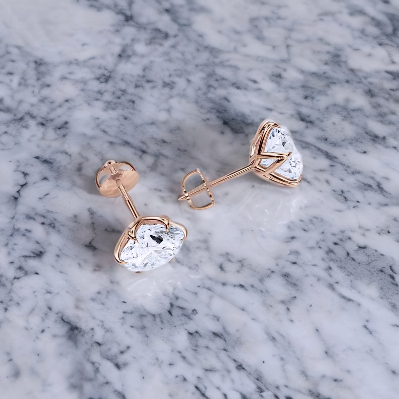 3 Carat Lab Grown Diamond Lotus Stud Earrings • 14K Rose Gold Floral Earrings