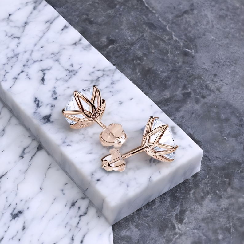 3 Carat Lab Grown Diamond Lotus Stud Earrings • 14K Rose Gold Floral Earrings