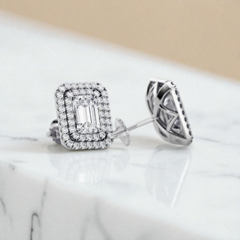 1.5 CTW Emerald Cut Lab Grown Diamond Stud Earrings • Double Halo Earrings