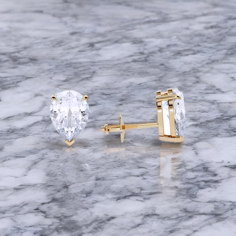 2 Carat Pear Cut Lab Grown Diamond Stud Earrings • 14K Gold Basket Setting