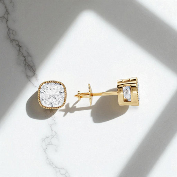 2.0 Ct Square Cushion Lab Grown Diamond Earrings • Milgrain Bezel Studs