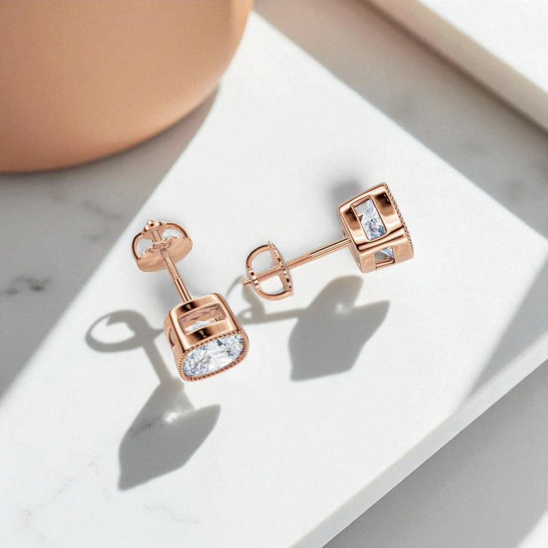 2.0 Ct Square Cushion Lab Grown Diamond Earrings • Milgrain Bezel Studs