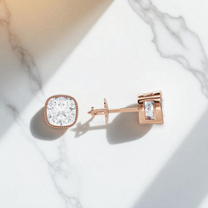 2.0 Ct Square Cushion Lab Grown Diamond Earrings • Milgrain Bezel Studs