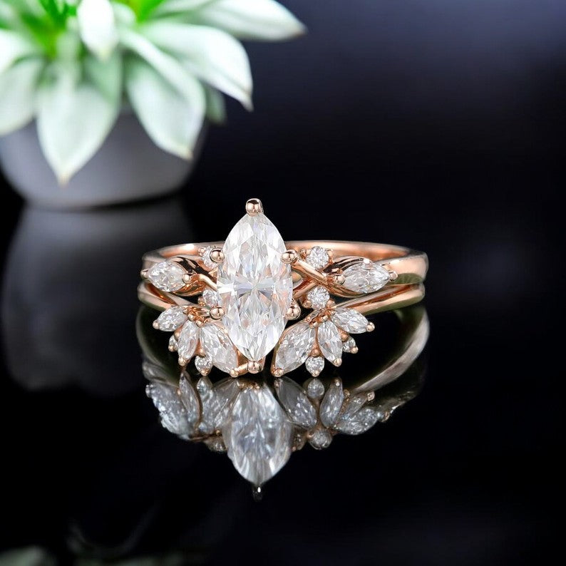 Unique Marquise cut Moissanite Engagement ring set