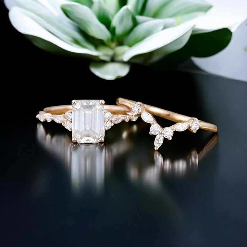 2.190ctw Emerald cut moissanite engagement ring set