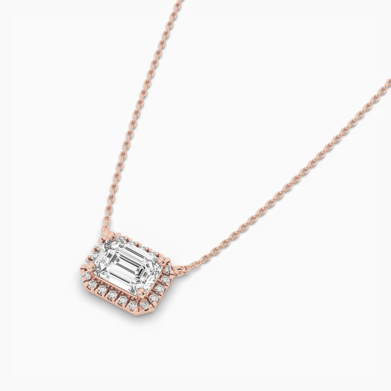 Minimalist Emerald Cut Moissanite Diamond Halo Setting Necklaces