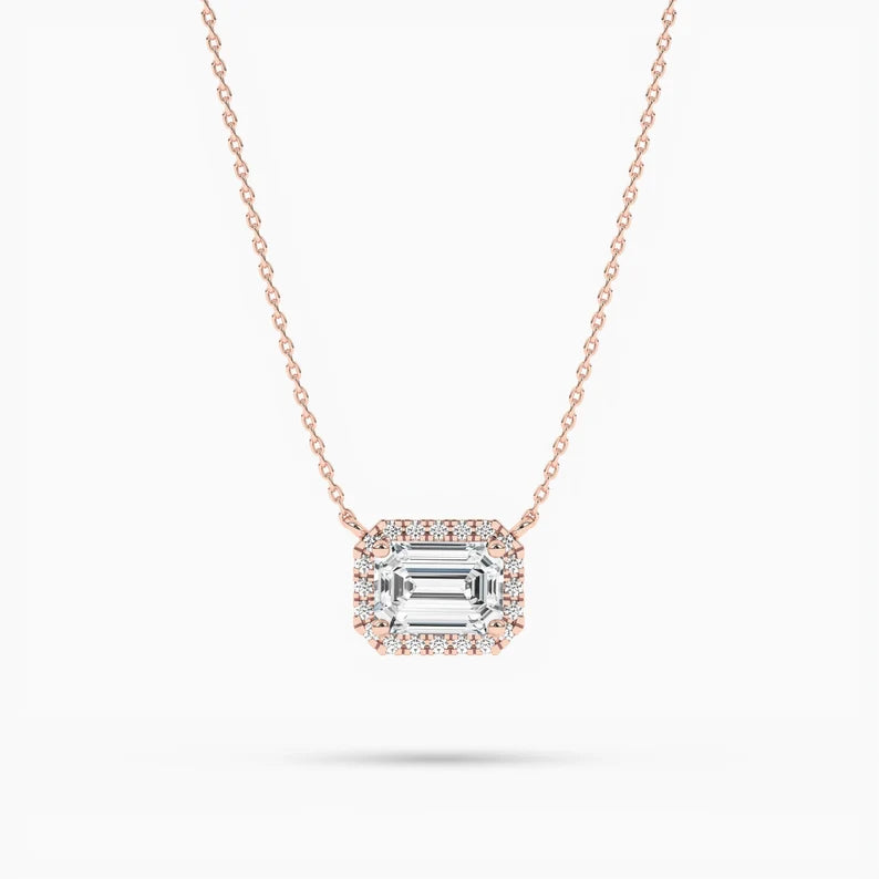 Minimalist Emerald Cut Moissanite Diamond Halo Setting Necklaces