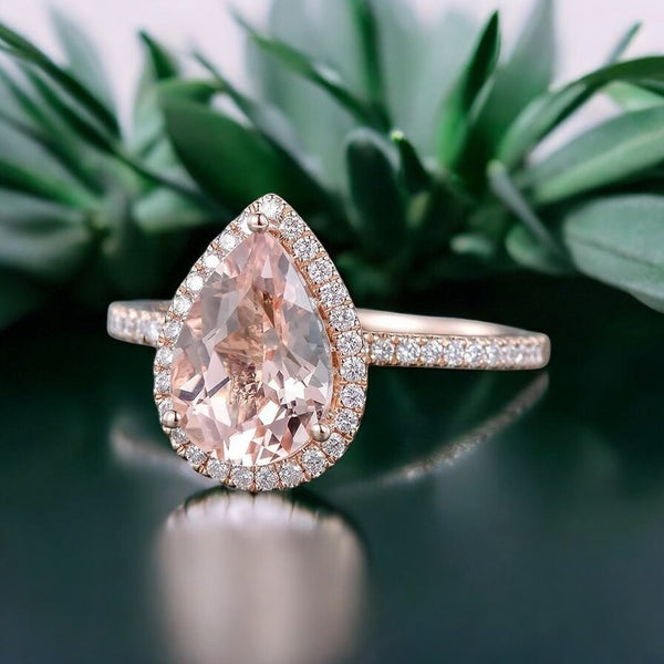 2.250Ct Pear Morganite Halo Women's Engagement Ring 14k Rose Gold