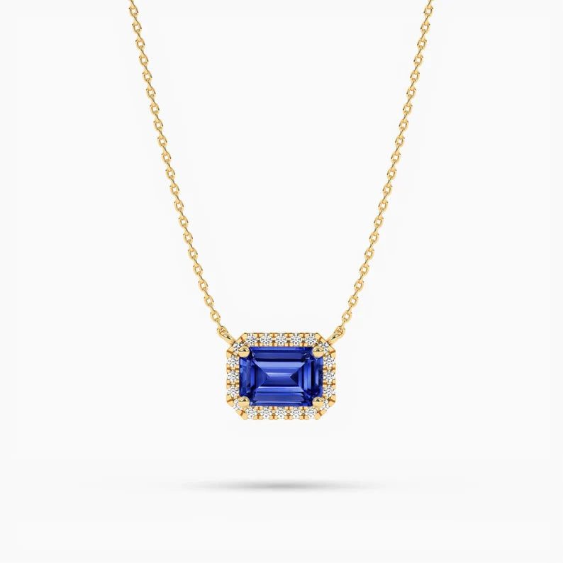 East West Blue Sapphire Emerald Cut Halo Necklace