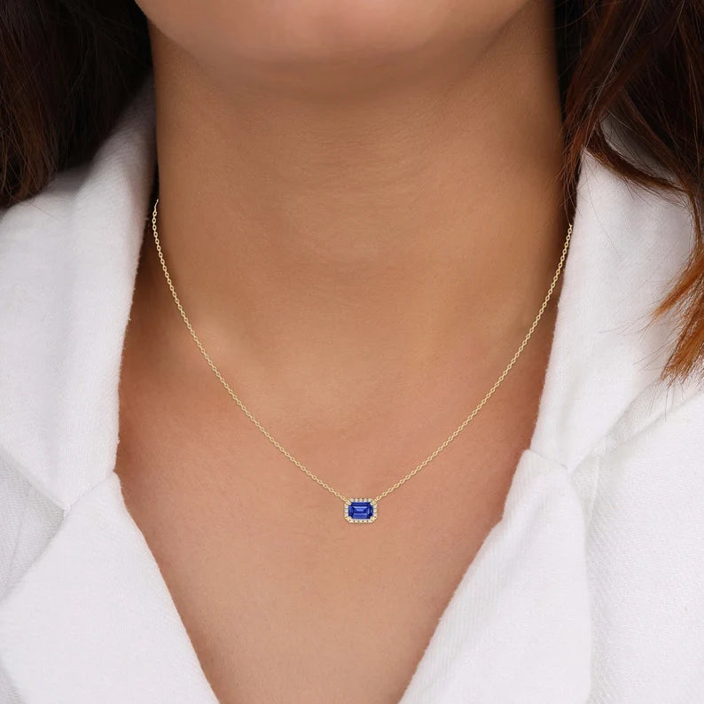 East West Blue Sapphire Emerald Cut Halo Necklace