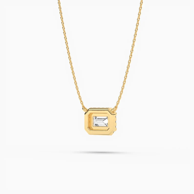 East West Blue Sapphire Emerald Cut Halo Necklace