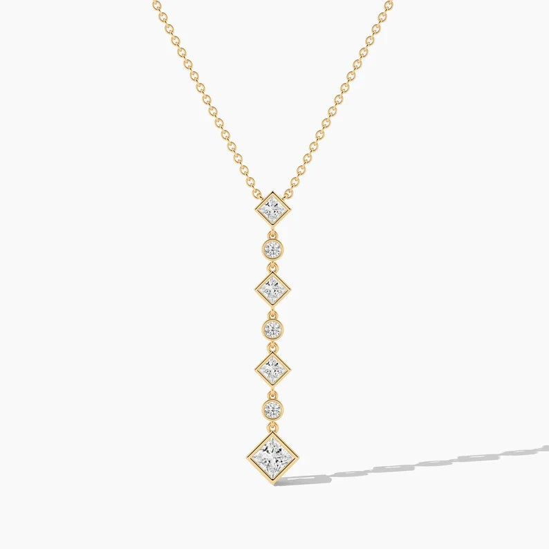 Classic Princess and Round Cut Moissanite Lariat Necklace