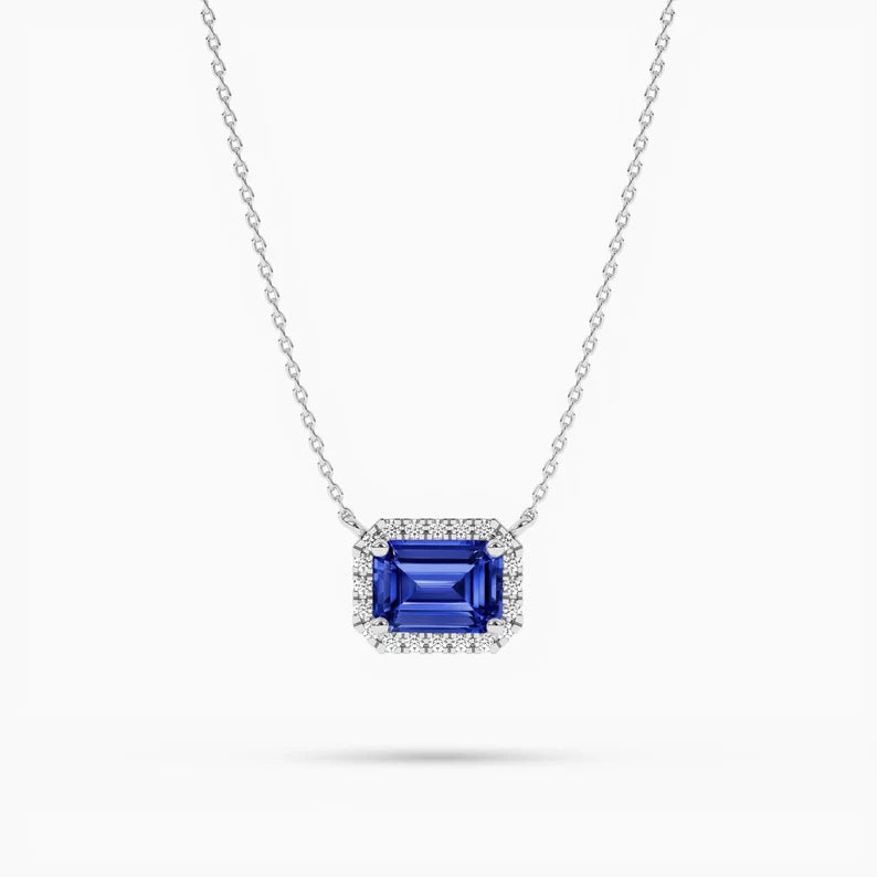 East West Blue Sapphire Emerald Cut Halo Necklace