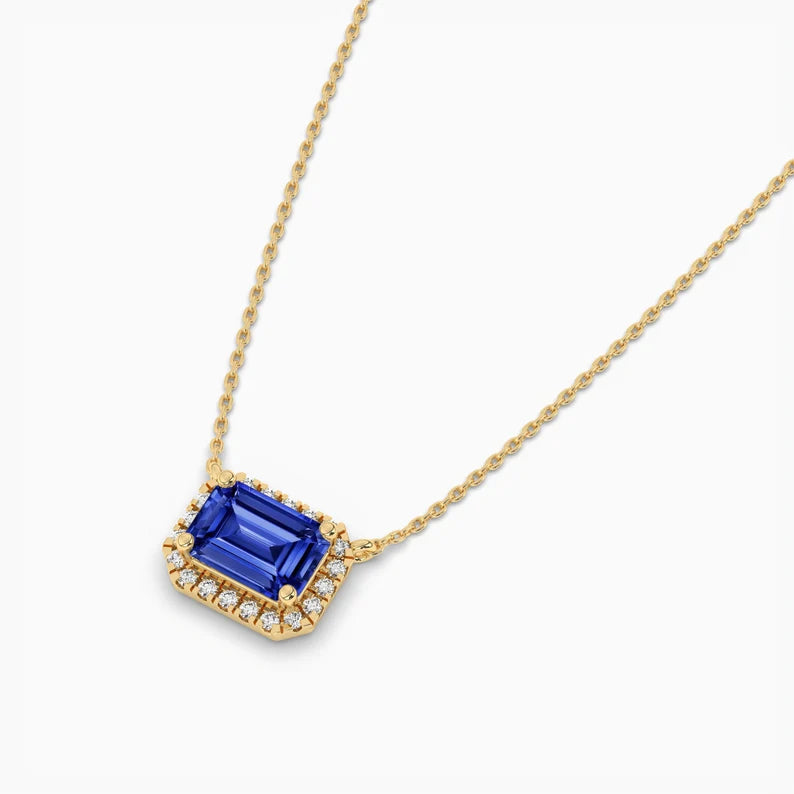 East West Blue Sapphire Emerald Cut Halo Necklace