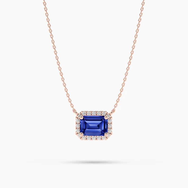 East West Blue Sapphire Emerald Cut Halo Necklace