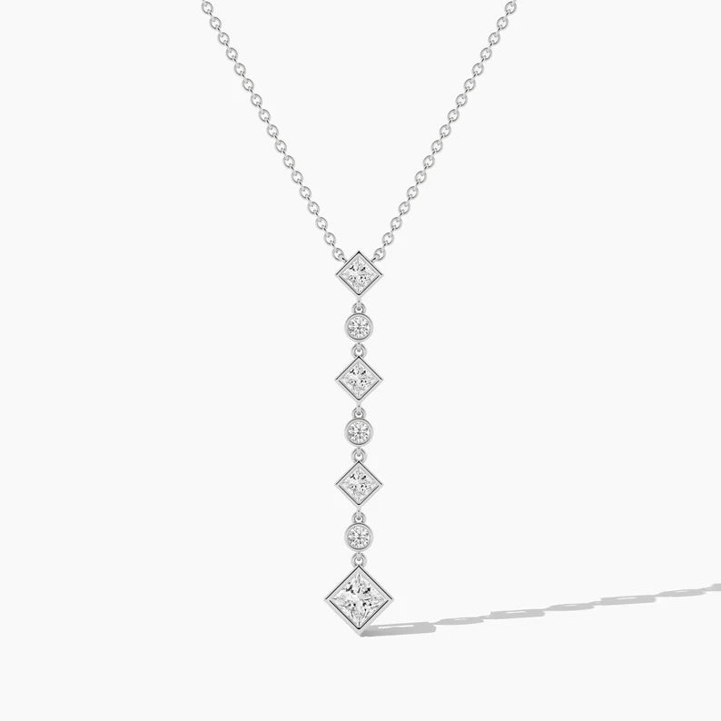 Classic Princess and Round Cut Moissanite Lariat Necklace