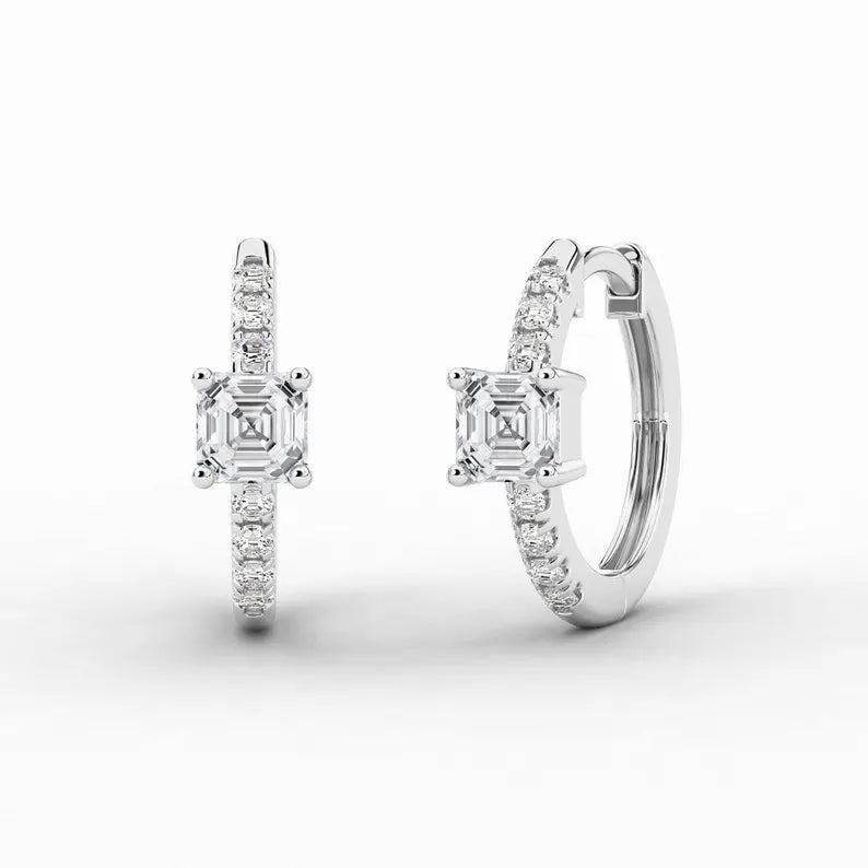 Asscher & Round Cut Moissanite Diamond Huggie Earrings