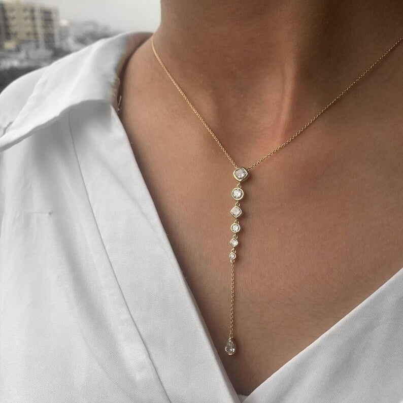 Classic Cushion and Round Moissanite Lariat Necklace