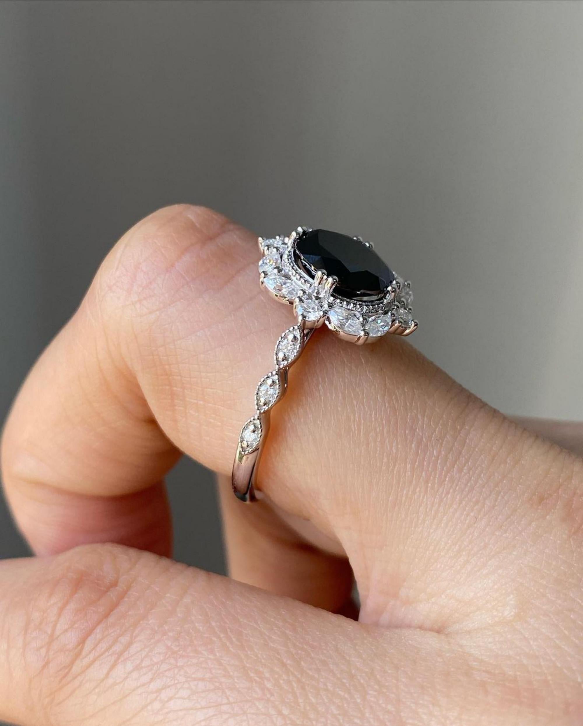 Oval cut Vintage Black Onyx engagement ring