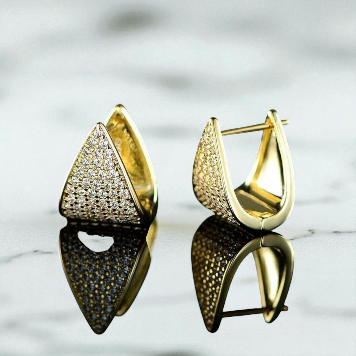 1 Ct Lab Grown Diamond Pavé Triangle Hoop Earrings • 14K Yellow Gold Geometric Hoops