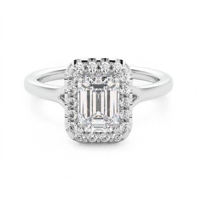 1.100 Ct Emerald Cut Moissanite Halo Engagement Ring 14k White Gold