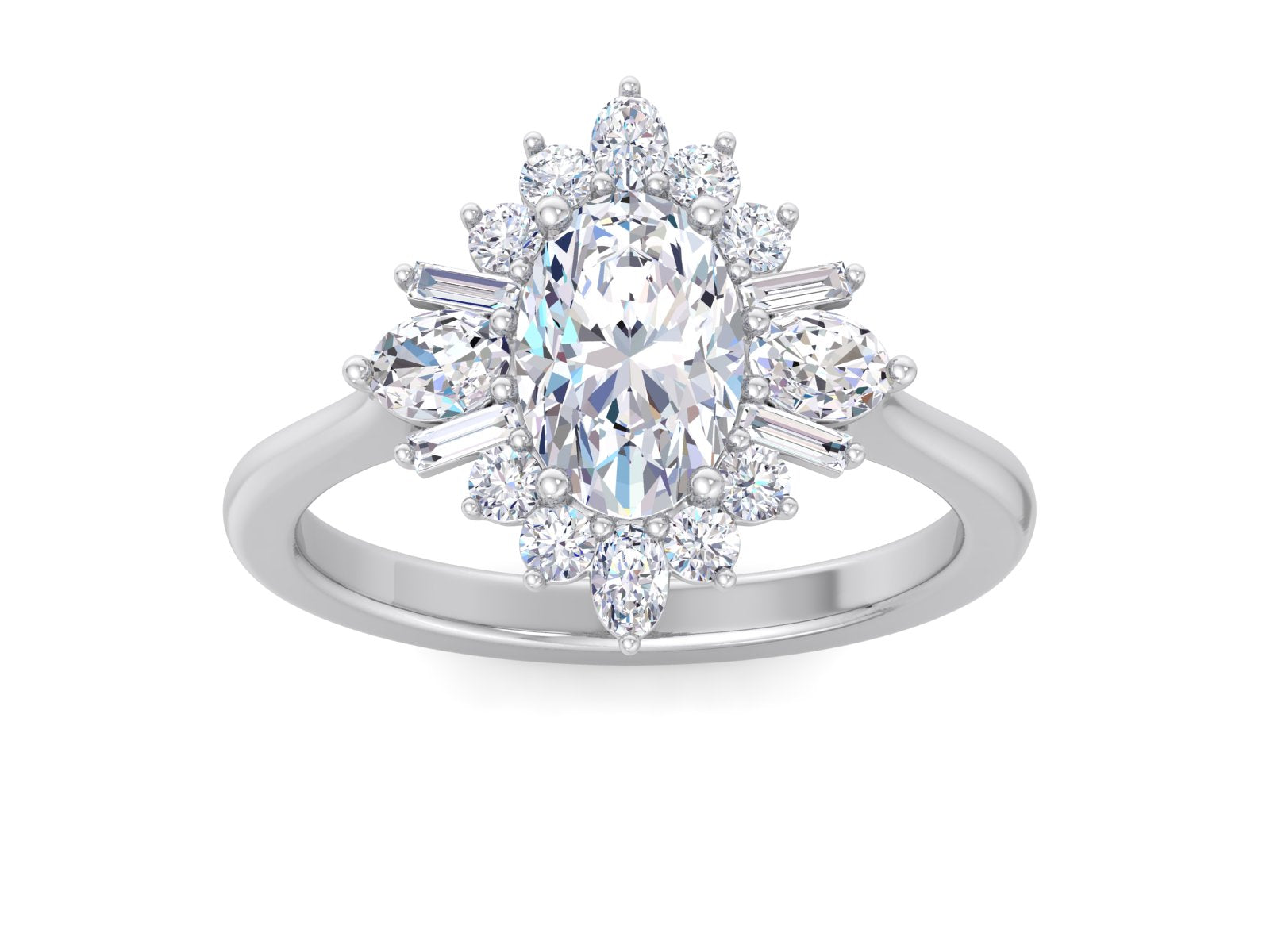 Oval Starburst Engagement Ring/ Floral Cluster Wedding Ring