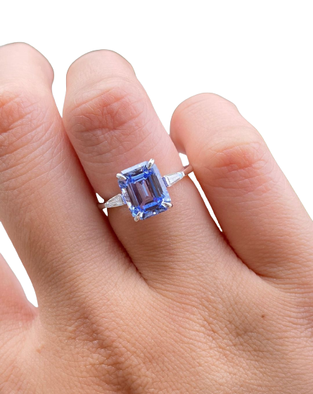 1 Carat Light Blue Emerald Cut Moissanite Engagement Ring