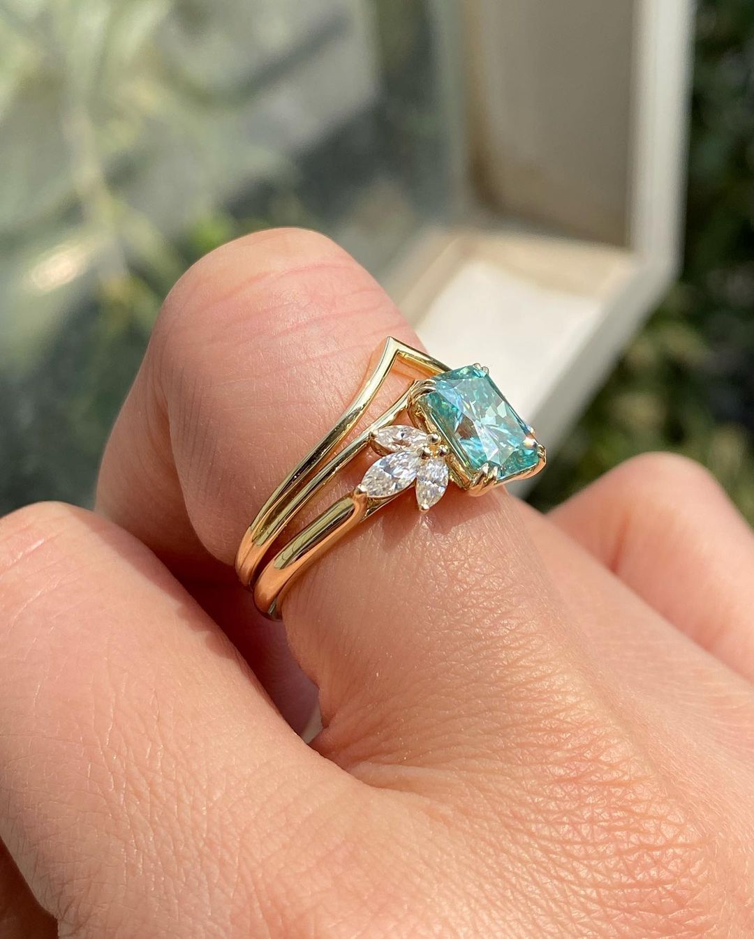 3.00ct Blue-Green Radiant Moissanite engagement ring