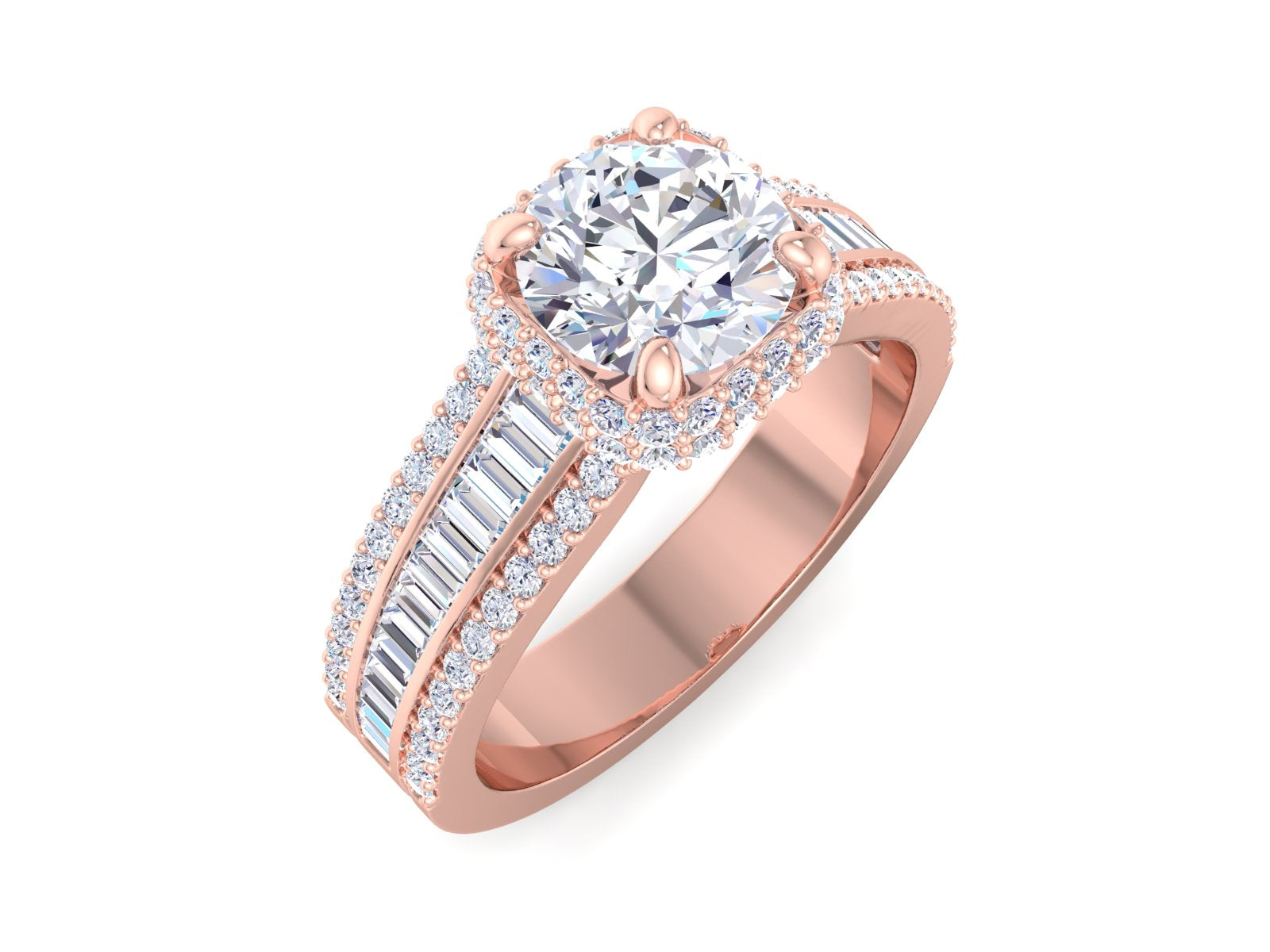 1.00Ct Round Moissanite diamond engagement ring, Round And Baguette Cut Moissanite Engagement Ring