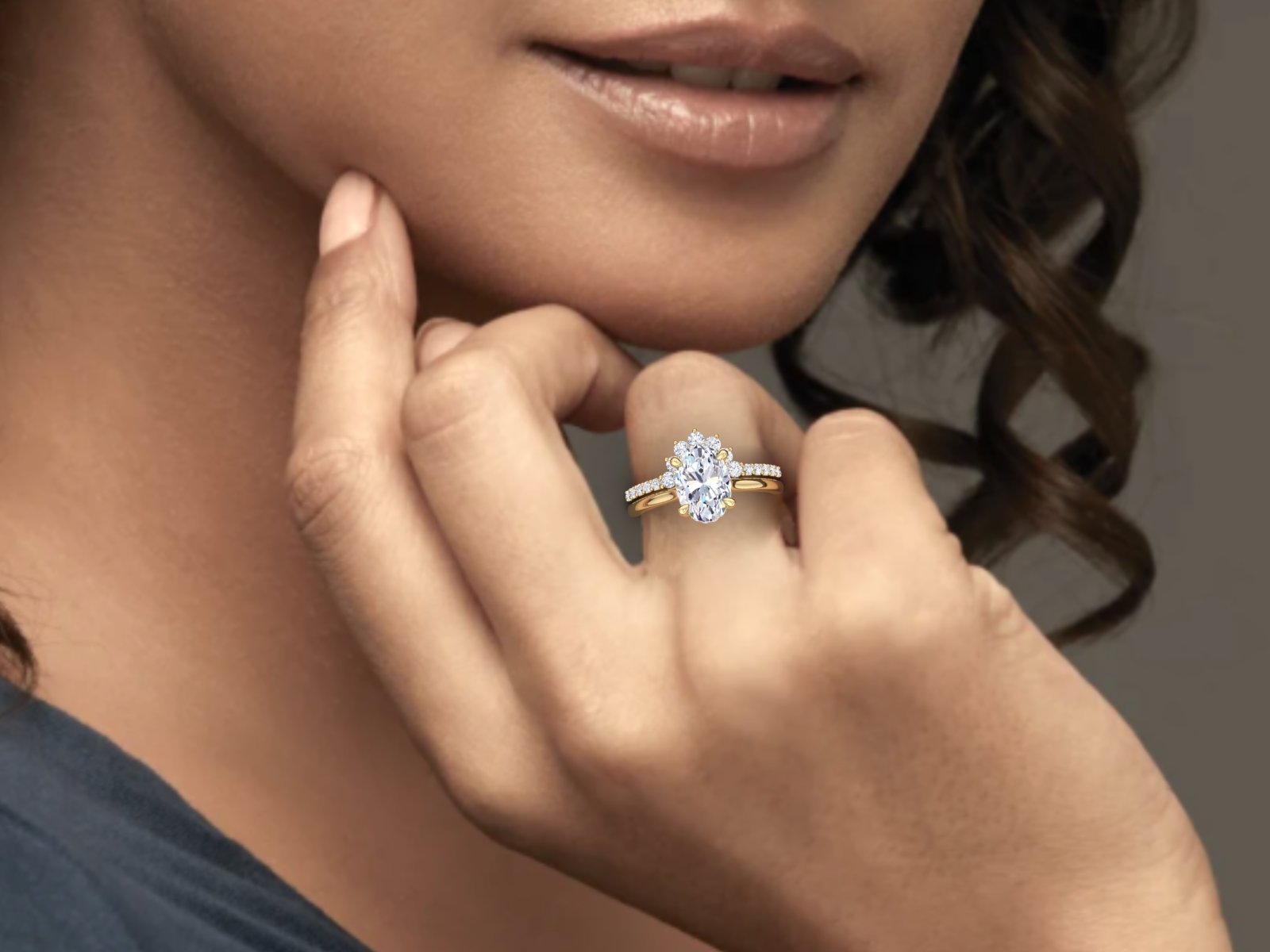 IGI CERTIFIED Oval Cut Lab Diamond Solitaire Hidden Halo Engagement Ring Set