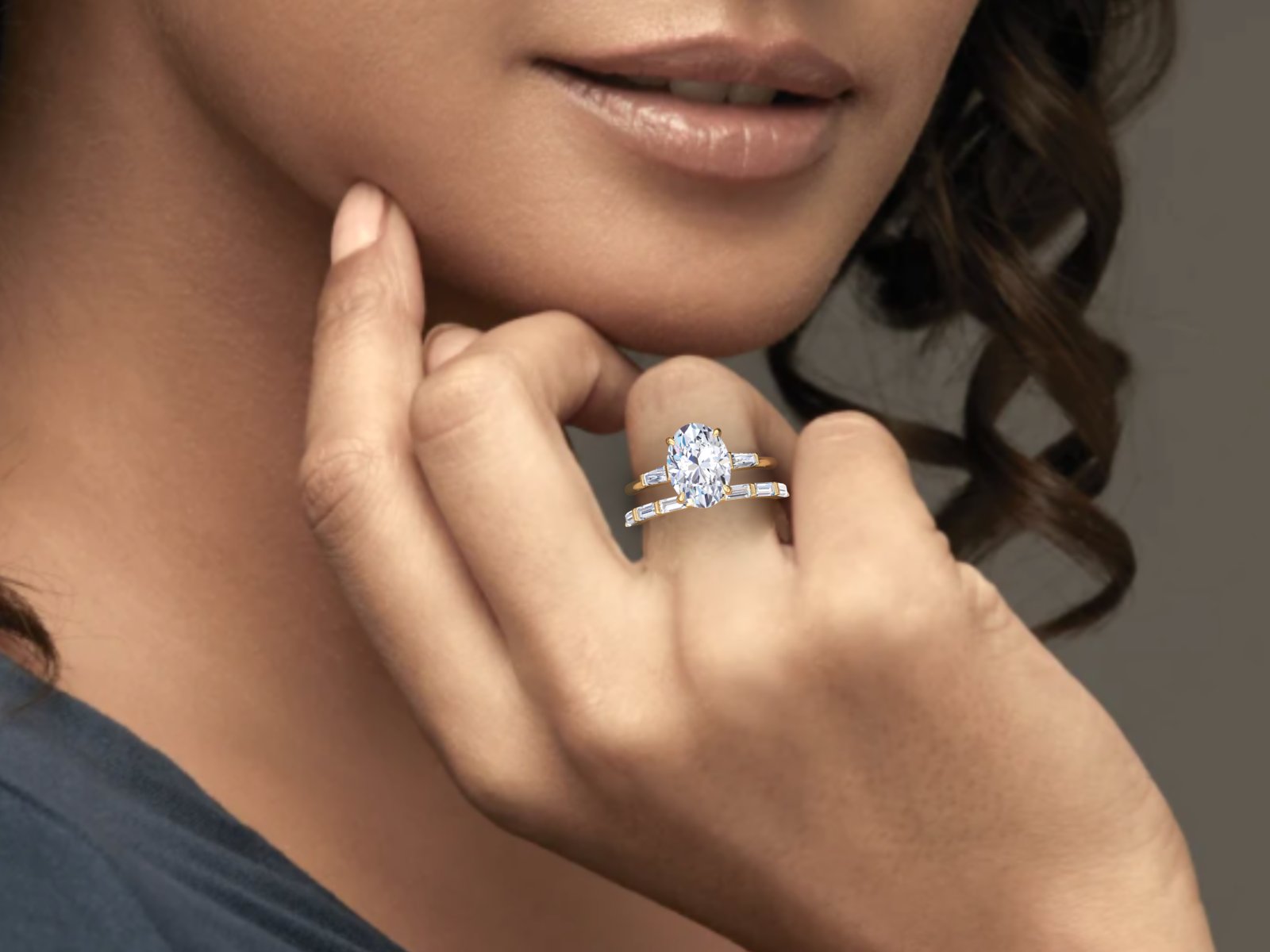 2PCS Oval Cut Moissanite Three Stone Diamond Engagement Ring set, 14K Yellow Gold Oval Wedding Ring