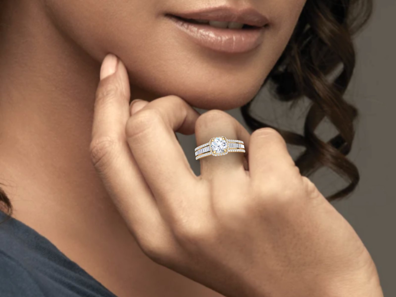 1.00Ct Round Moissanite diamond engagement ring, Round And Baguette Cut Moissanite Engagement Ring