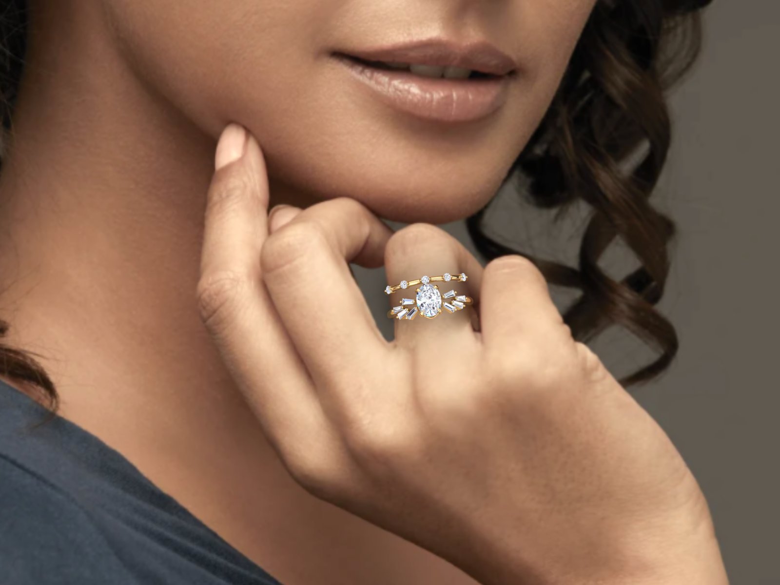 Oval Moissanite engagement ring set vintage Unique rose gold engagement ring woman Baguette Diamond Cluster Bridal set