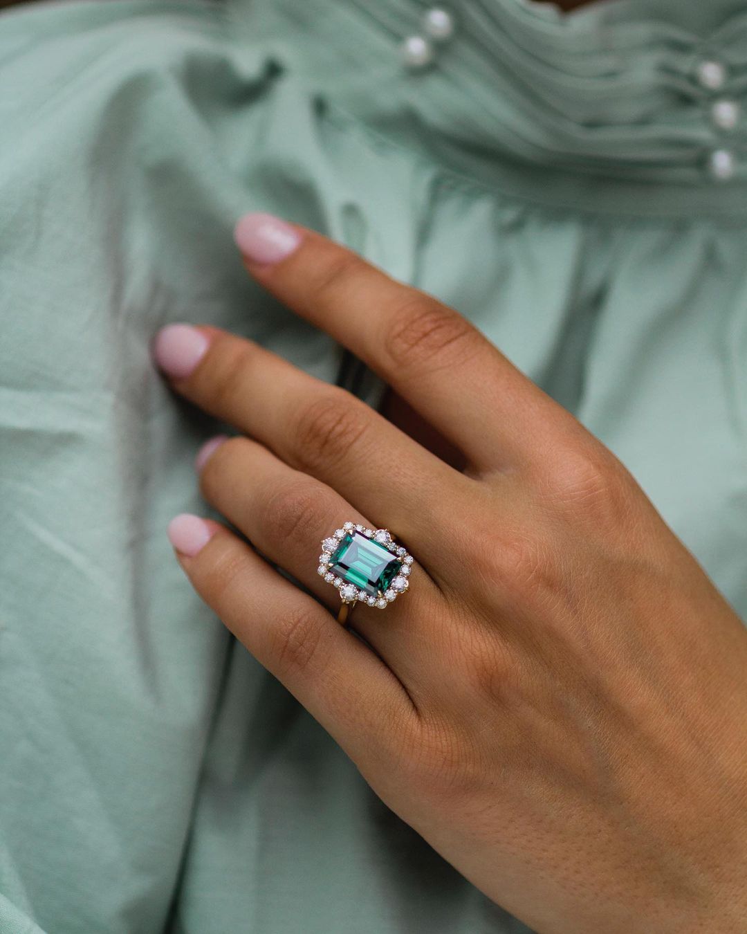 Blue Green Emerald Cut Moissanite Engagement Ring
