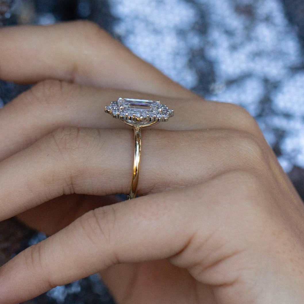 Halo Emerald Cut Moissanite Ring, Halo Engagement Ring