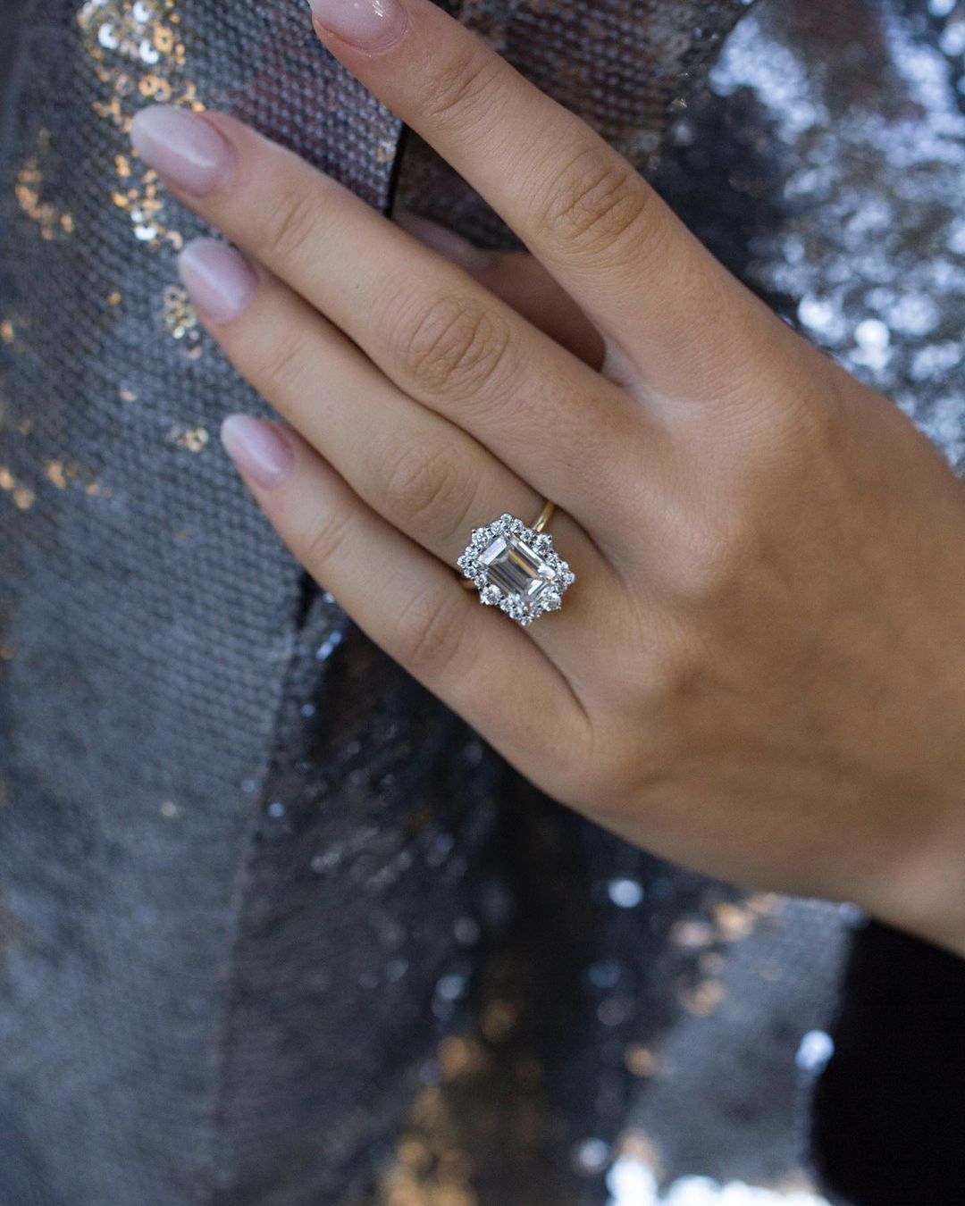 Halo Emerald Cut Moissanite Ring, Halo Engagement Ring