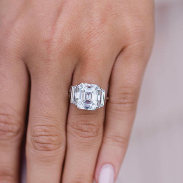 7ct Asscher Cut Moissanite Ring, 3 Stone Emerald Cut Moissanite Engagement Ring