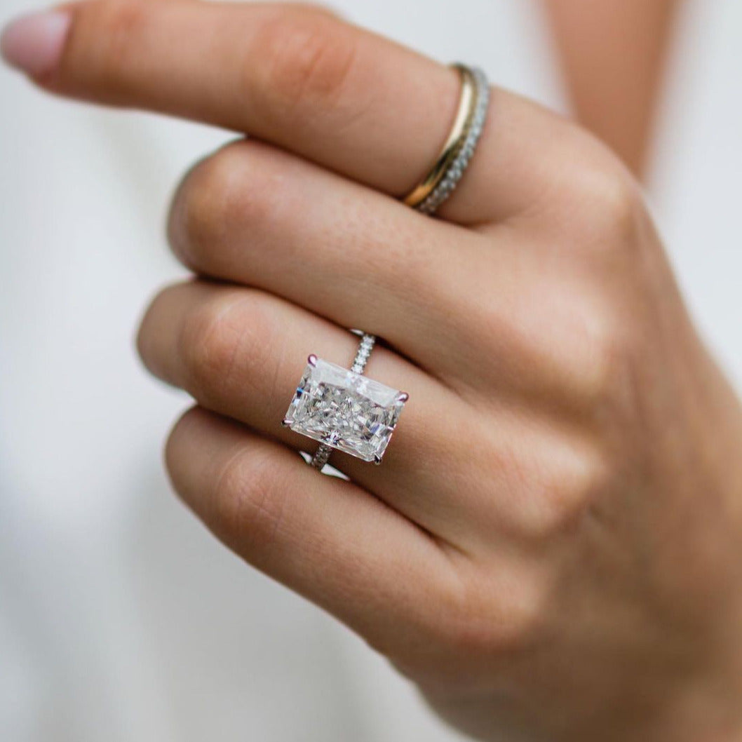 8 Carat Radiant Crushed Ice Moissanite & Diamond Halo Engagement Ring, Radiant Cut Engagement Ring
