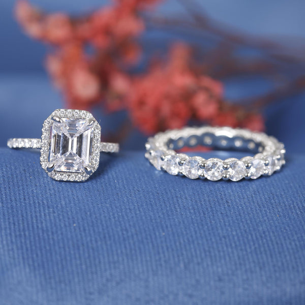 Emerald cut Lab Grown Diamond Hidden Halo engagement ring white gold cluster Bridal Set