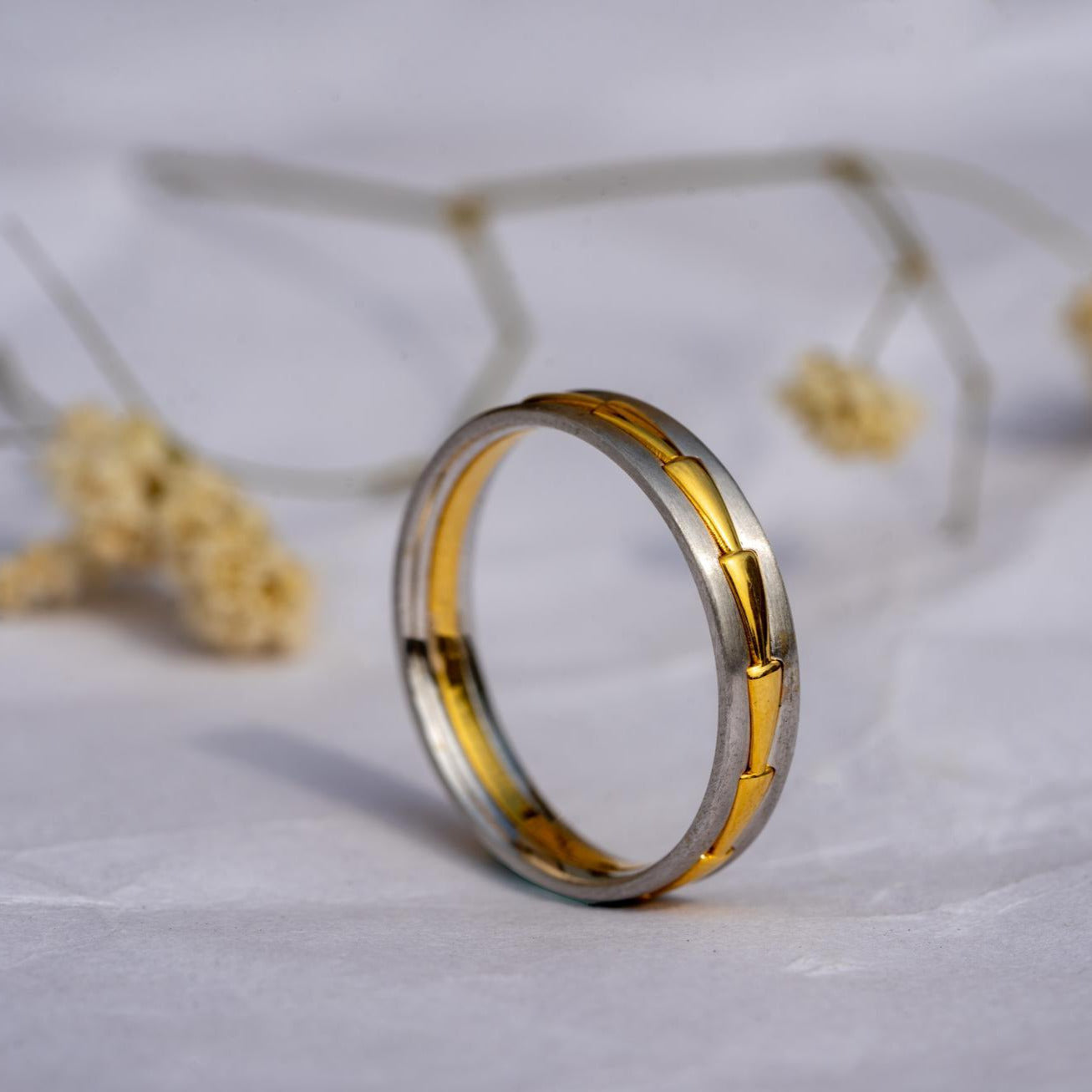14K Yellow & White Gold Ring, Dual Inlay Koa Mens Wedding Band