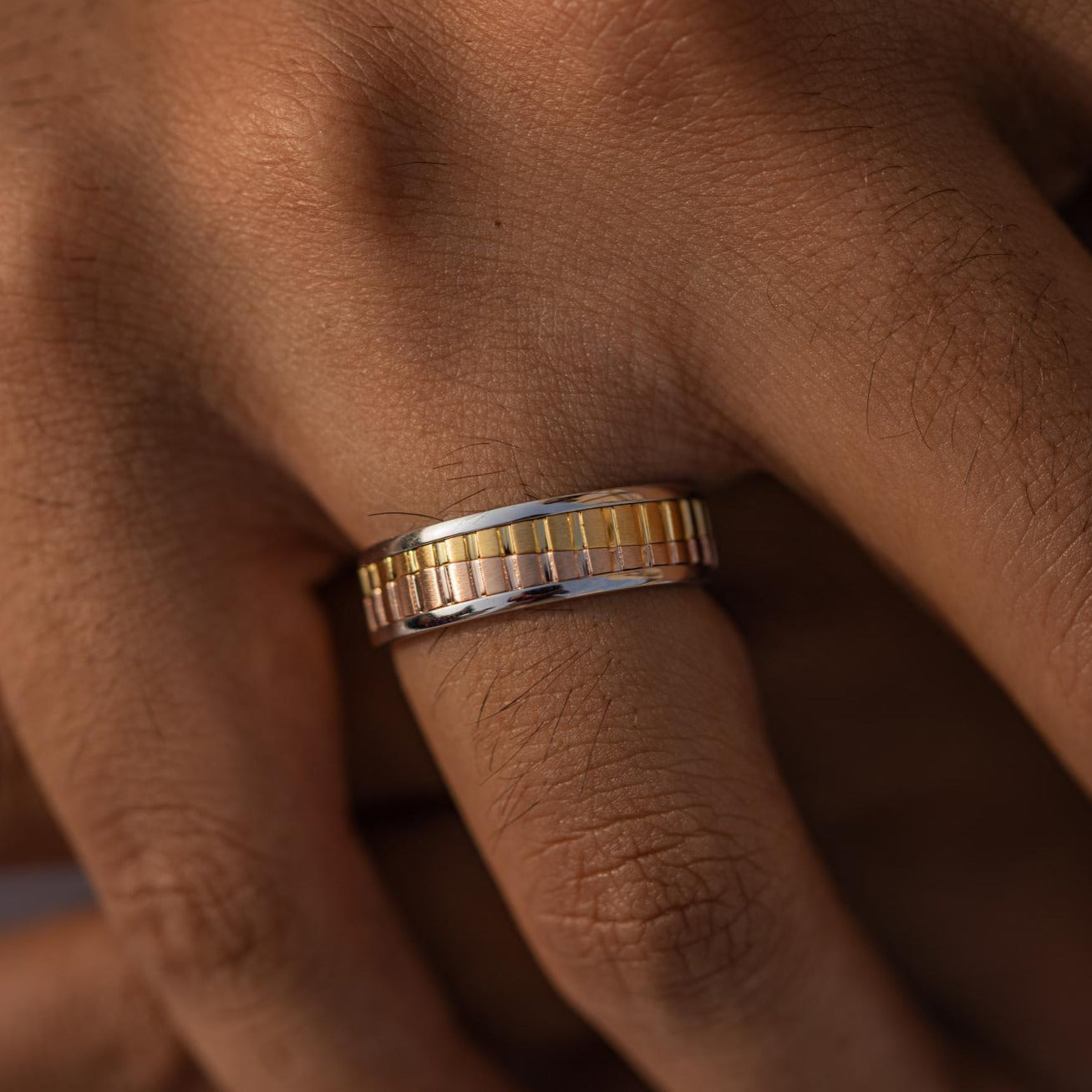 Three-Tone Solid 14K Gold Band, Unique Wedding Band