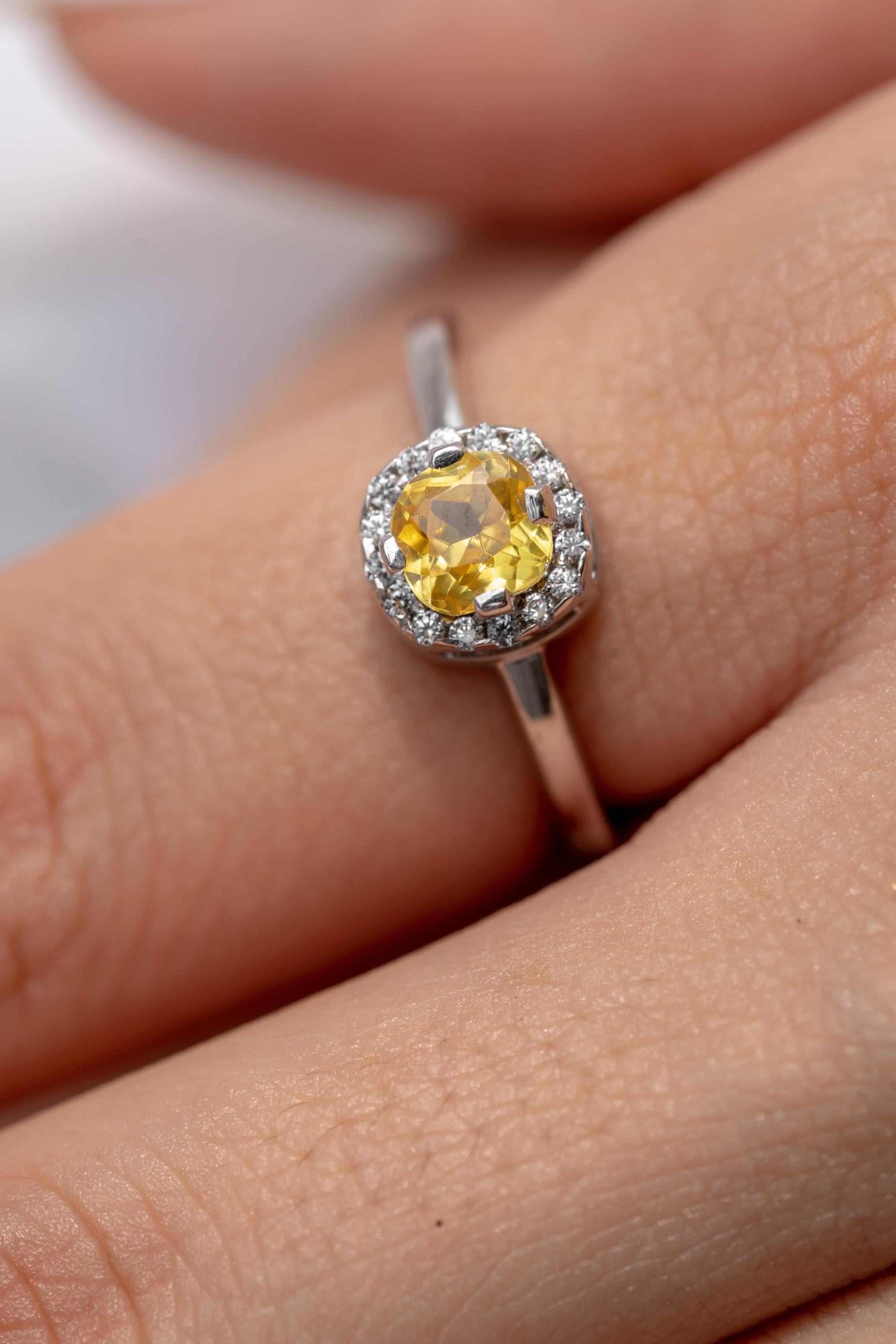 1.25ct Cushion Cut Brilliant Light Yellow Diamond and Round shape Diamond Unique Engagement Ring